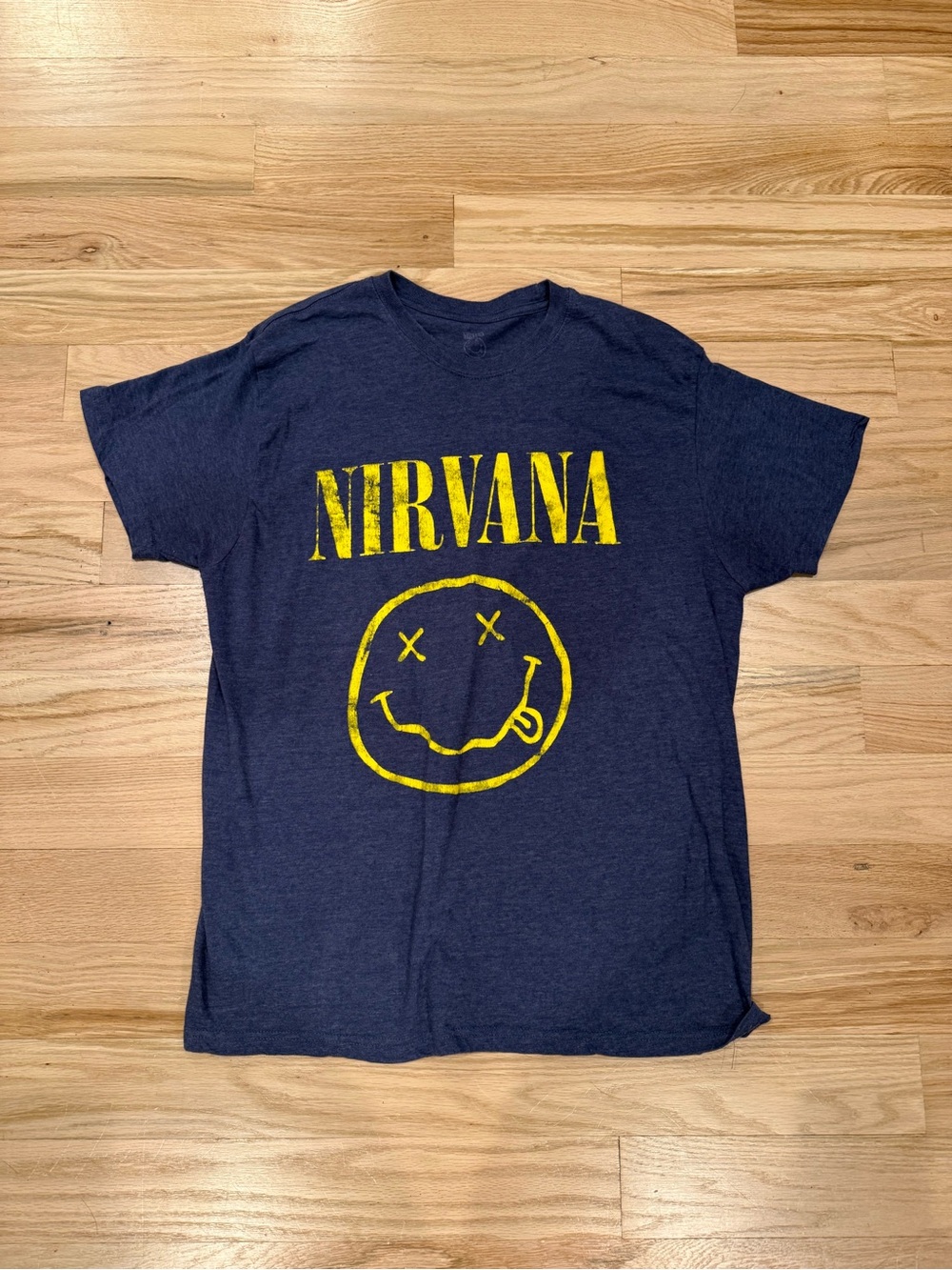 NIRVANA Navy Tee with Yellow Smiley Graphic